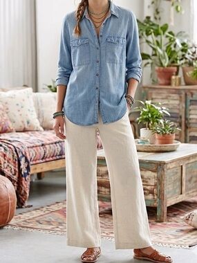 Anthropologie Pilcro Lightweight Denim Button Down Shirt Size Medium